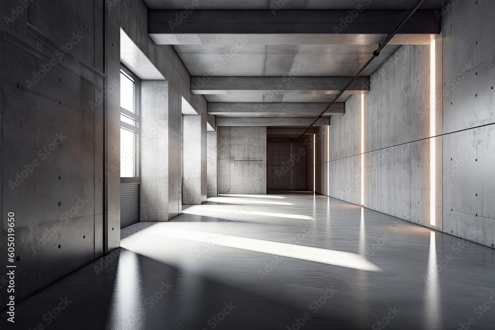 interior of a blank concrete space. Generative AI