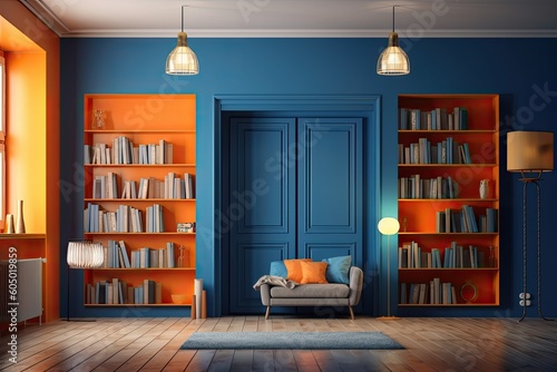 Interior of a blue living room  study  and home library. wooden floor  two vertical mock up posters  and orange bookcases with lamps. Concept of education  reading  culture  and Generative AI