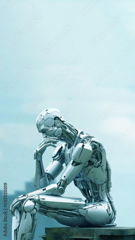 Humanoid Robot Thinking. Artificial Intelligence (AI) and Ethics, Affective Computing Banner and Concept Image. Humanoid Robot Thinking. Artificial Intelligence (AI) and Ethics, Affective Computing Banner and Concept Image.