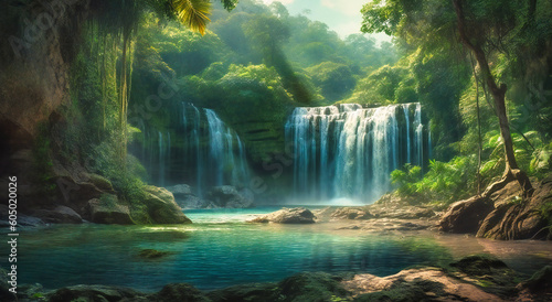 beautiful waterfall in a tropical area that has sun