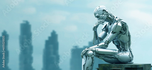 CyberEmotions Concept. Humanoid Robot Thinking. Artificial Intelligence (AI) and Ethics, Affective Computing Banner. 