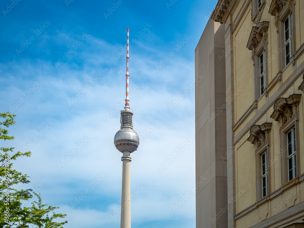 Obraz premium TV tower Alexanderplatz, behind the branches of trees, Berlin, Germany. Television tower in the center of Berlin.