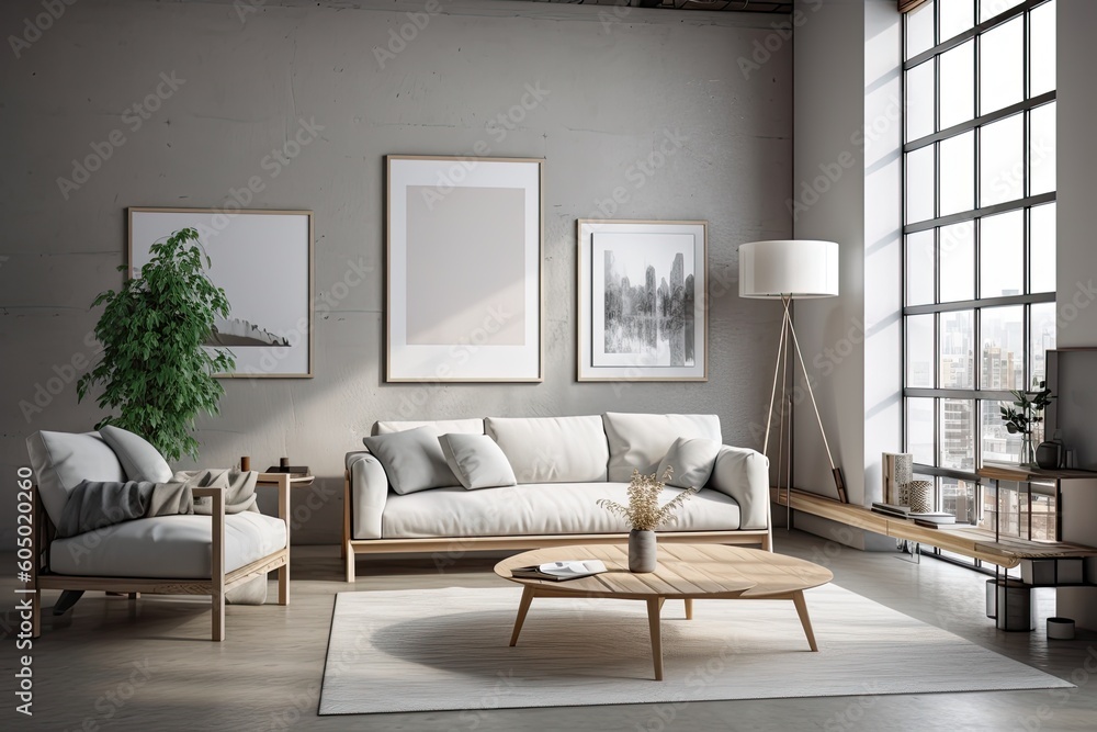 Fototapeta premium Interior of a loft living room with hardwood floors, concrete walls, a gray sofa, two round tables, a fireplace, and a framed poster. a mockup. Generative AI