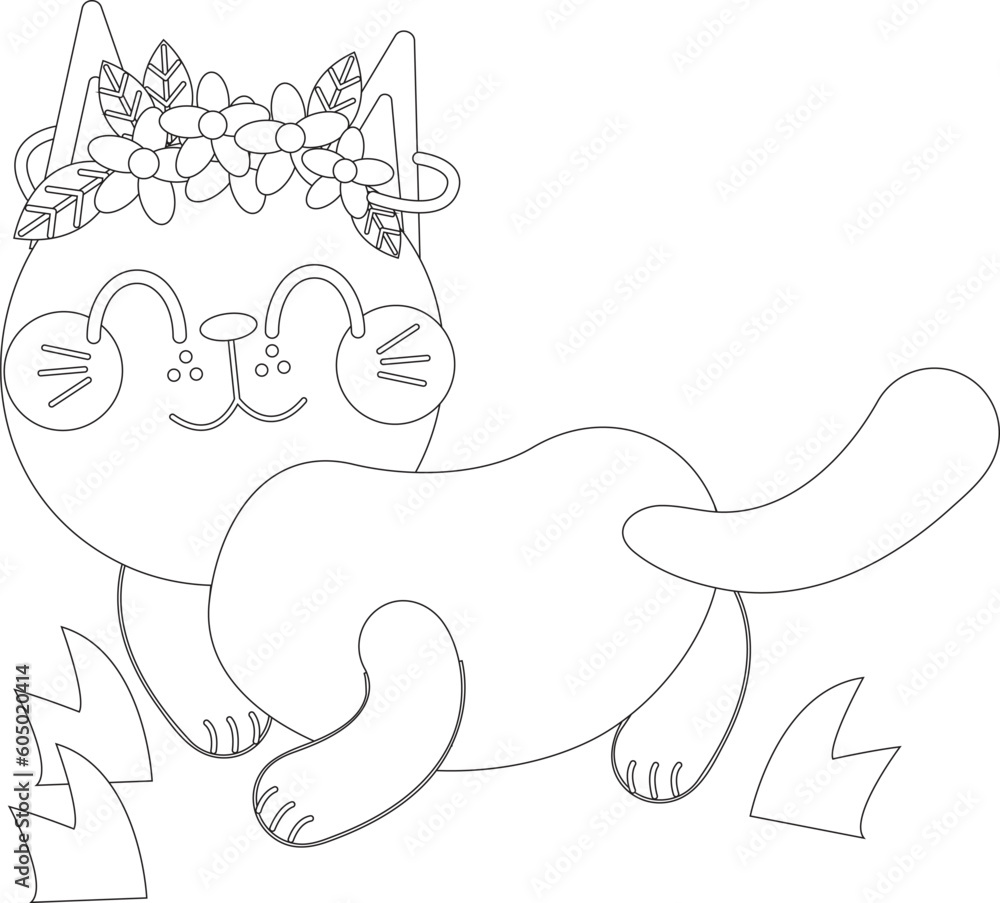 Obraz premium Cute Cartoon Cat with Floral Crown