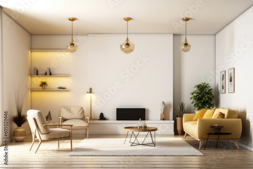 Interior of a light living room with a sofa and chairs  side view  carpet  and hardwood flooring Panorama of the tropics. Decorated fireplace and shelf. Model of a blank wall. Generative AI