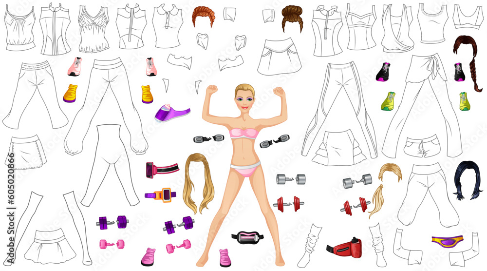 Sports Outfit Coloring Page Paper Doll with Clothes, Hairstyles, Accessories and Dumbbells. Vector Illustration