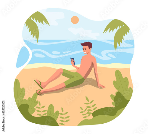 Rest on beach. Man with smartphone in his hand sits on sand near sea. Tourist on vacation in tropical or exotic country. Summer holiday and travel. Cartoon flat vector illustration