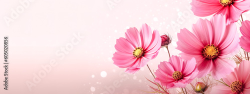 red gerbera flowers on a pink background, banner with copy space, made with Generative AI