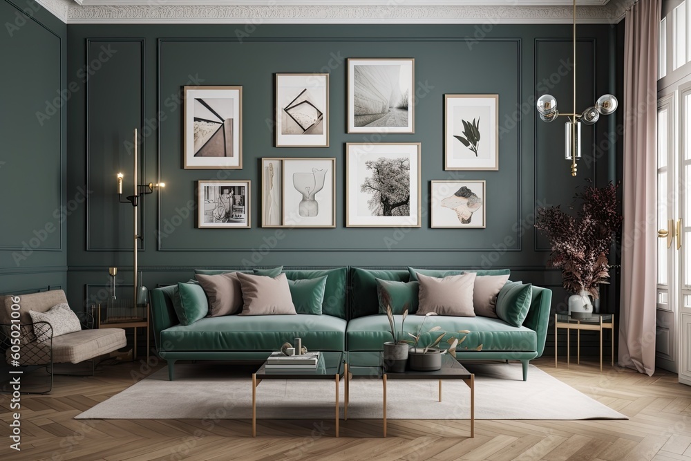 Interior of a green living room with a wall mounted poster gallery. There is a coffee table with a cup of coffee and a beige couch. a mockup. Generative AI Interior of a green living room with a wall mounted poster gallery. There is a coffee table with a cup of coffee and a beige couch. a mockup. Generative AI