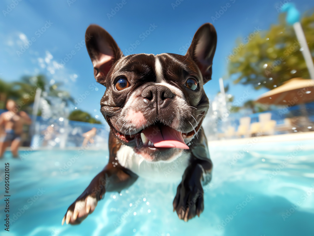 Excited french bulldog at pool party swimming and playing in the water - Generative AI