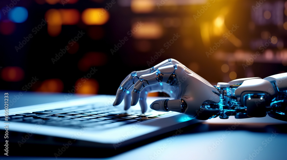 Robot hand typing on the computer. The concept of artificial intelligence replacing a human in dealing with another human. Ai generative - obrazy, fototapety, plakaty 