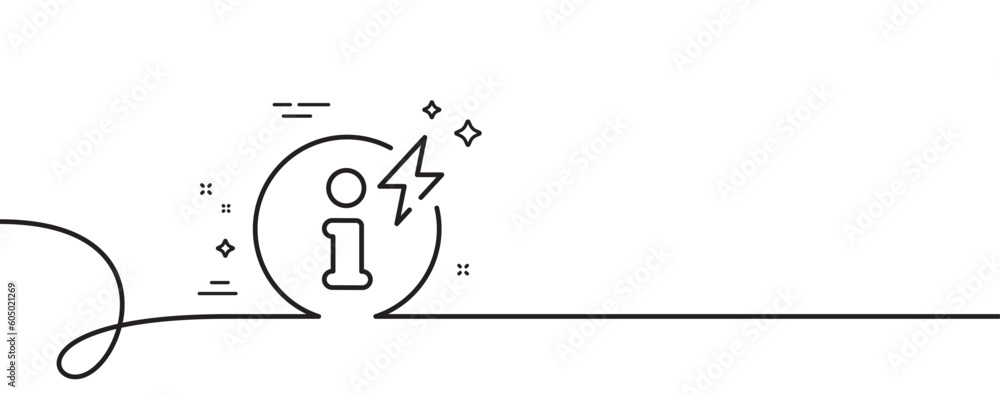 Power info line icon. Continuous one line with curl. Electric energy information sign. Charge inform symbol. Power info single outline ribbon. Loop curve pattern. Vector Power info line icon. Continuous one line with curl. Electric energy information sign. Charge inform symbol. Power info single outline ribbon. Loop curve pattern. Vector