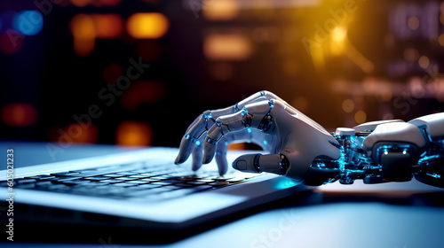 Robot hand typing on the computer. The concept of artificial intelligence replacing a human in dealing with another human. Ai generative © Ewa