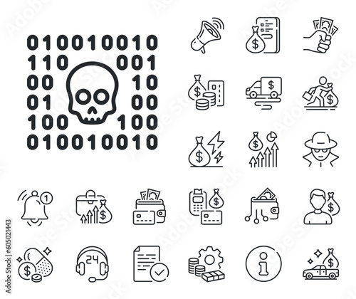 Cyber attack sign. Cash money  loan and mortgage outline icons. Binary code line icon. Ransomware threat symbol. Binary code line sign. Credit card  crypto wallet icon. Inflation  job salary. Vector