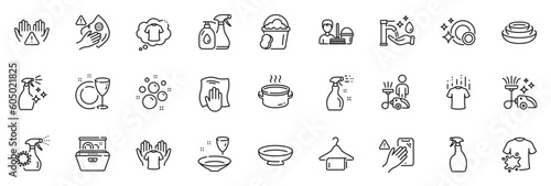 Icons pack as Cleaning liquids, Vacuum cleaner and Washing hands line icons for app include Clean dishes, Clean hands, Hold t-shirt outline thin icon web set. Cleaning service. Vector