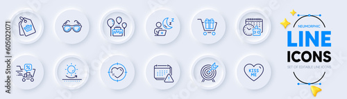 Sunglasses, Puzzle time and Sun protection line icons for web app. Pack of Notification, Archery, Heart target pictogram icons. Discounts cart, Shopping cart, Shift signs. Sale tag. Vector