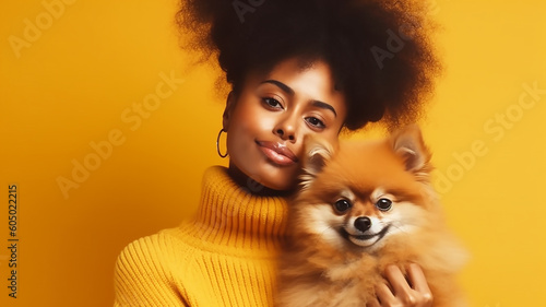 happy Afro girl gets a beautiful puppy, stands against a yellow background, woman hugs a Pomeranian Spitz, generative ai tools © ksu_ok