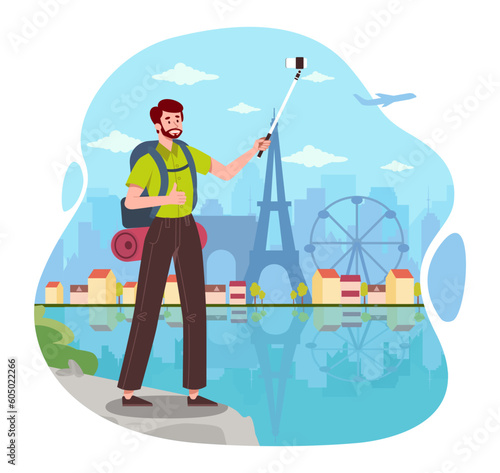 Tourist in Paris. Man with backpack and smartphone makes selfie against backdrop of Eiffel Tower and Ferris wheel. International travel and trip to landmark. Cartoon flat vector illustration