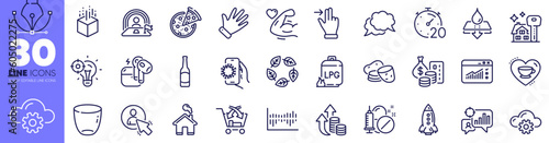 Headset, Beer and Potato line icons pack. Hand, Glass, Rocket web icon. Home, Gas cylinder, Seo idea pictogram. Web traffic, Buying house, Water resistant. Column diagram. Design with pen tool. Vector