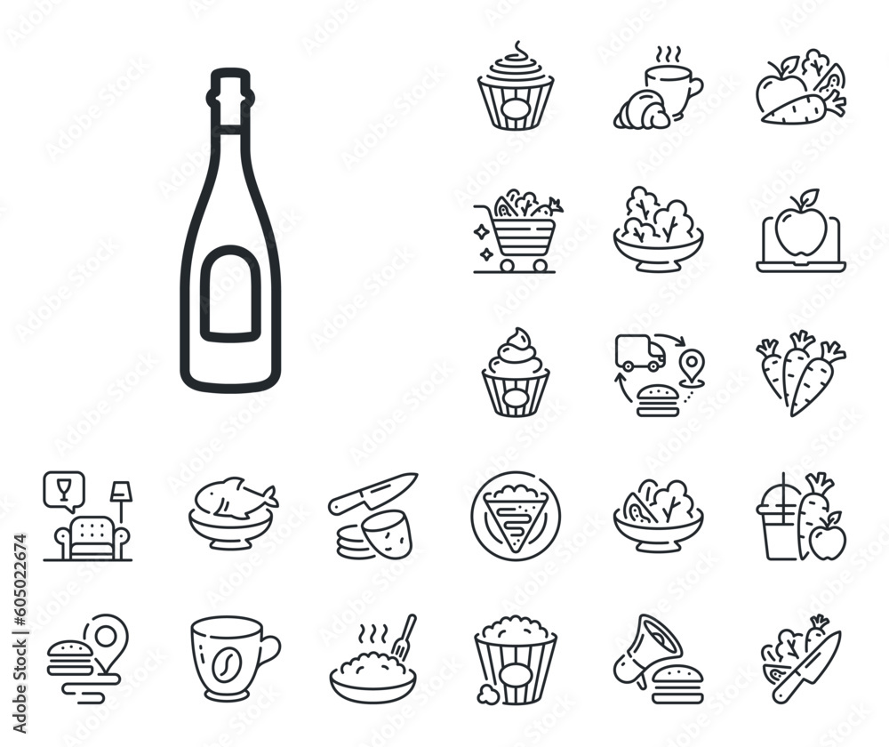 Anniversary alcohol sign. Crepe, sweet popcorn and salad outline icons. Champagne bottle line icon. Celebration event drink. Champagne line sign. Pasta spaghetti, fresh juice icon. Vector