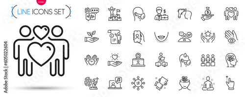 Pack of Video conference, Equity and Sick man line icons. Include Fingerprint research, Yoga, Electronic thermometer pictogram icons. Medical mask, User call, Chin signs. Music. Vector