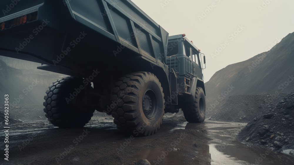 Mining truck carting coal, off road vehicle. Heavy Machinery in Operation. Extractive Industry, Coal Excavation, Industrial Landscape, Resource Extraction, Mining Site illustration. generative ai