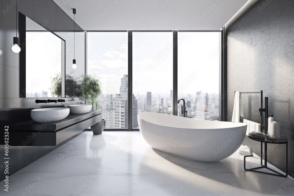 Interior of a contemporary bathroom with a city view and a blank wall poster. Concept for design and style. a mockup. Generative AI Interior of a contemporary bathroom with a city view and a blank wall poster. Concept for design and style. a mockup. Generative AI