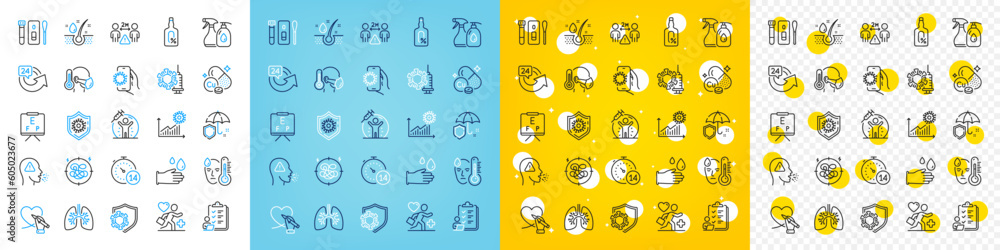 Vector icons set of Social distance, Umbrella and Covid test line icons pack for web with Vision board, Vaccine protection, Cleaning liquids outline icon. Quarantine, Coronavirus vaccine. Vector