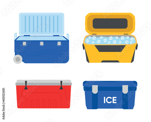 Set of colorful portable refrigerators for storing food and drinks in a cartoon style. Vector illustration of various ice containers: blue, yellow, red, open and closed isolated on white background.