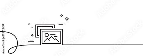 Photo images line icon. Continuous one line with curl. Image album thumbnail sign. Picture gallery placeholder symbol. Photo album single outline ribbon. Loop curve pattern. Vector