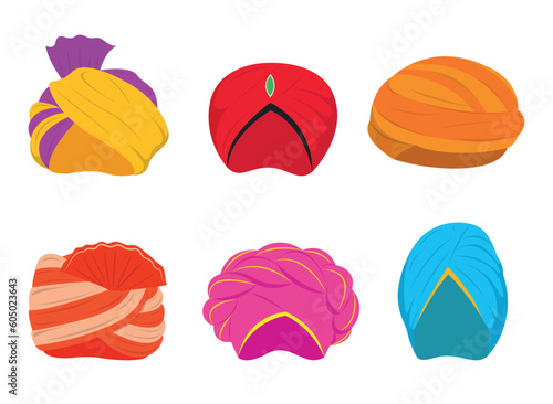 Set of colored turbans: yellow, red, orange, pink and blue in cartoon style. Vector illustration of Indian, Arabic headdresses turbans with various designs on white background.Traditional headwear.