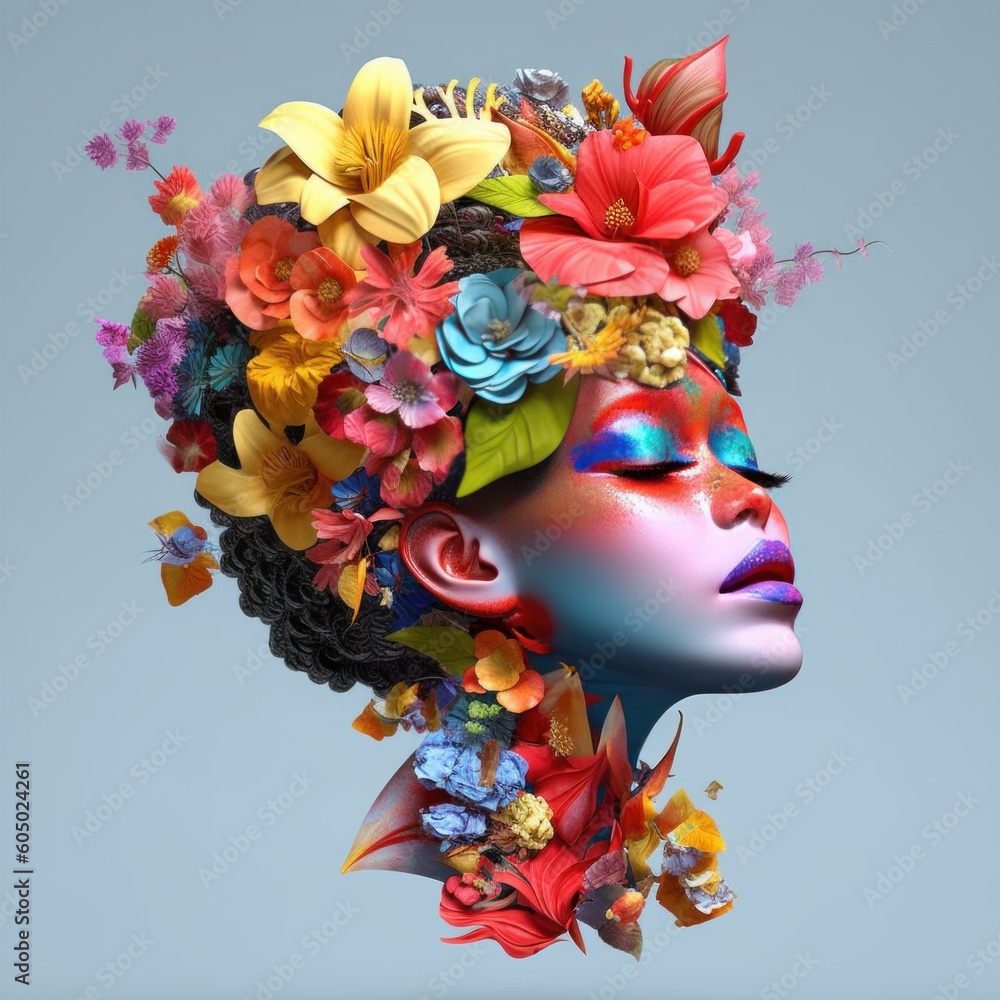 Woman face with colorful makeup cover with flowers. 3D art. Generative AI