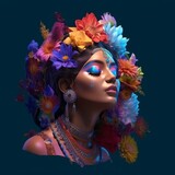 Punjabi Indian woman face with colorful makeup covered with flowers. 3D art. Generative AI