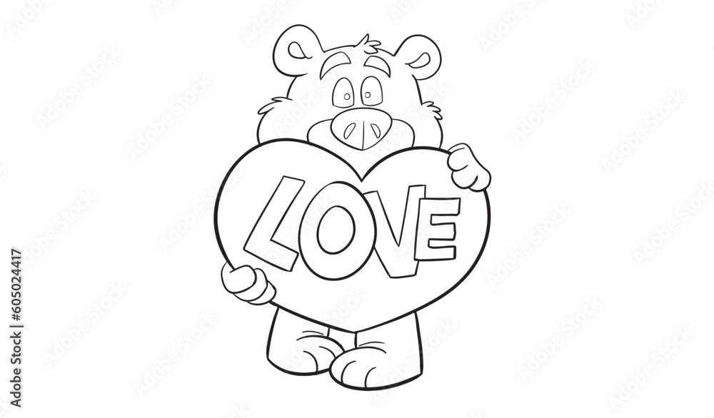 Valentine Day cute soft bear toy gift vector illustration isolated on white. Linear colouring page romantic stuffed animal plaything print for 14 February holiday.
