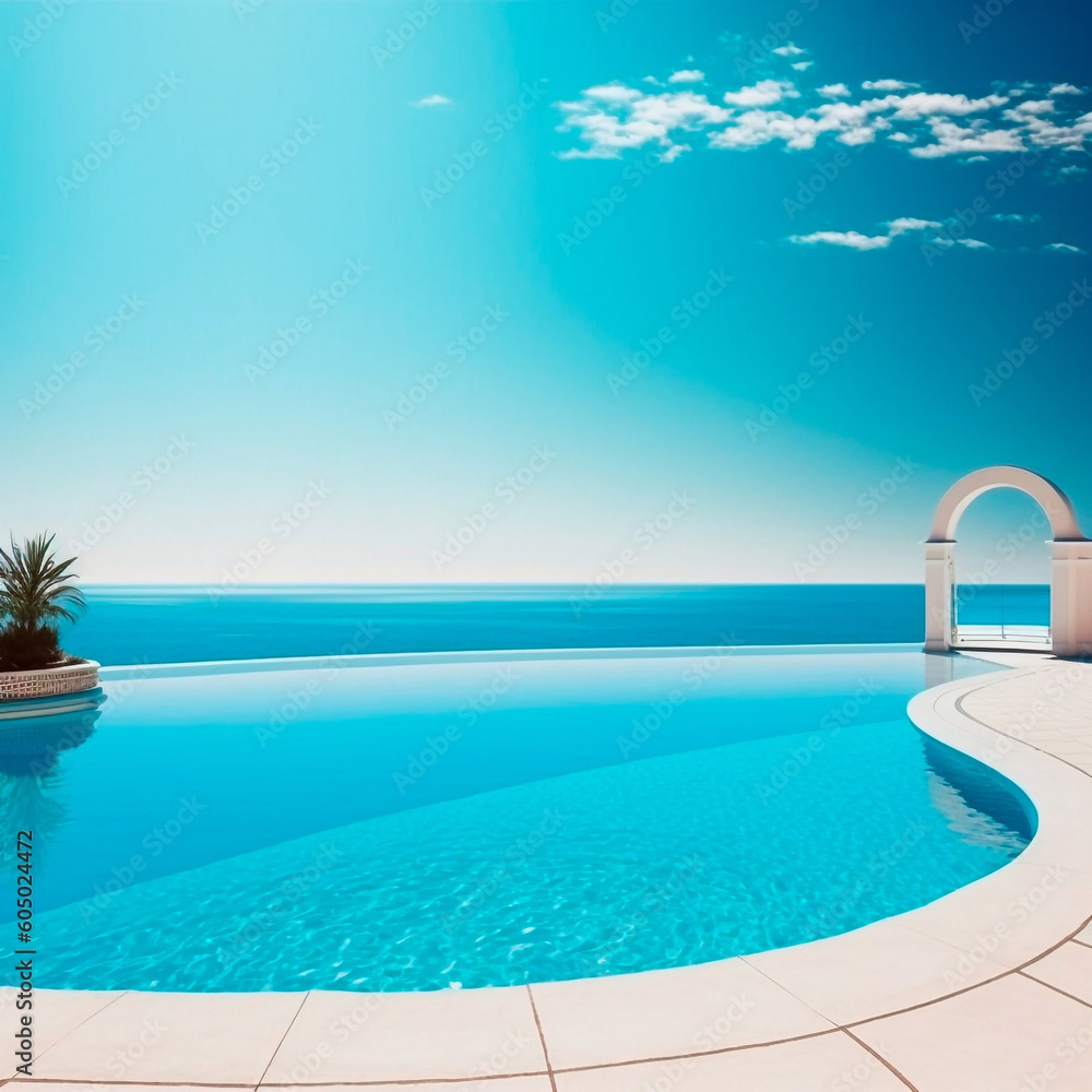 Relaxing summer, Sunbathing deck and private swimming pool with near beach and panoramic sea view at luxury house . High quality illustration Generative AI