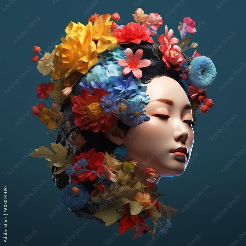 Korean woman face covered with colorful flowers. 3D art. Generative AI