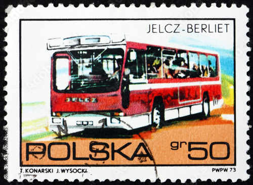 Postage stamp Poland 1973 Jelcz-Berliet bus, polish automotive