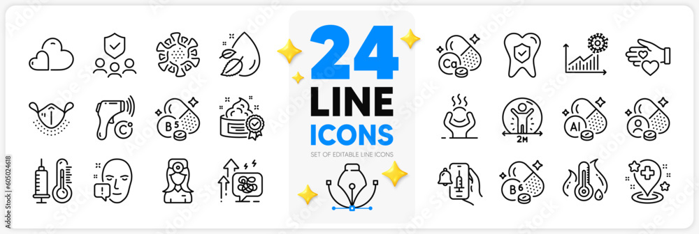 Icons set of Aluminium mineral, Vaccine announcement and Thermometer line icons pack for app with Dental insurance, Stress grows, Vitamin thin outline icon. Medical mask. Design with 3d stars. Vector