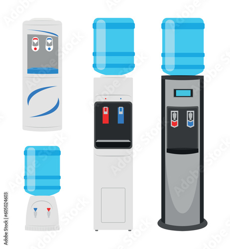 Set of water dispensers in cartoon style. Vector illustration of different water coolers for dispensing hot and cold water, water filtration with bottles for home and office on white background.