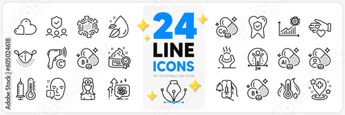 Icons set of Aluminium mineral, Vaccine announcement and Thermometer line icons pack for app with Dental insurance, Stress grows, Vitamin thin outline icon. Medical mask. Design with 3d stars. Vector
