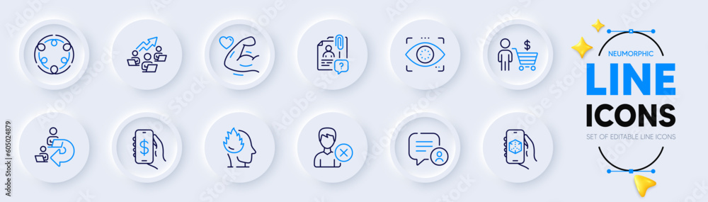 Remove account, Chat bubble and Stress line icons for web app. Pack of Money app, Buyer, Delegate work pictogram icons. Eye detect, Search employee, Inclusion signs. 3d app. Neumorphic buttons. Vector Remove account, Chat bubble and Stress line icons for web app. Pack of Money app, Buyer, Delegate work pictogram icons. Eye detect, Search employee, Inclusion signs. 3d app. Neumorphic buttons. Vector