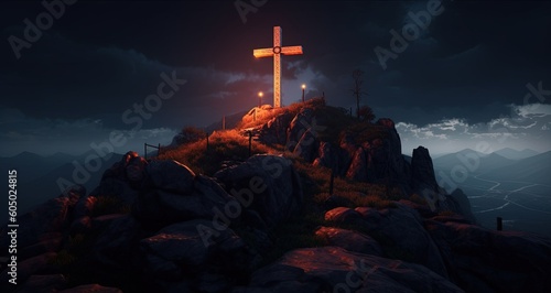 Illustration of christian cross on the top of the mountain created with Generative AI technology.