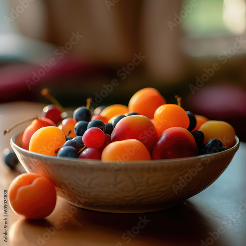 Vase with fresh fruits stands on a wooden table against a blurred background  creating a favorable atmosphere. Generative AI