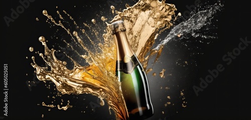 A bottle of sparkling wine, splashes of champagne on a dark background. Design of an invitation, postcard, background screensaver. AI generated.