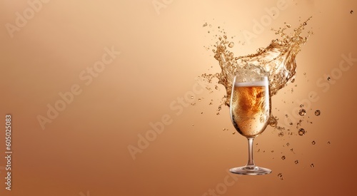 A glass of Sparkling wine on a golden-pink, pastel background with place for text. Stylish design of the certificate, cover. AI generated