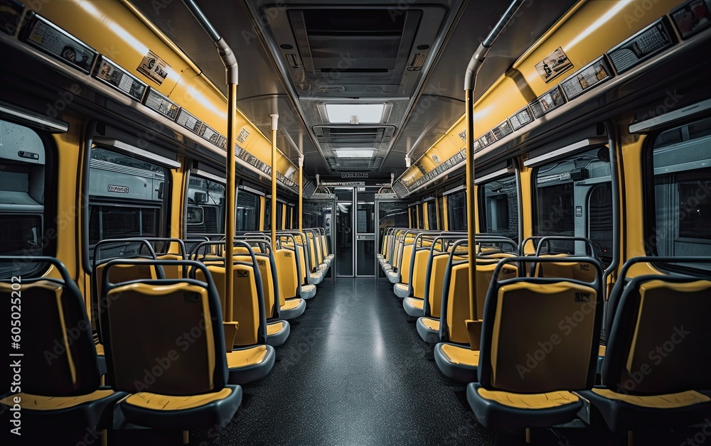 Modern empty bus inside view with passenger seats generative ai