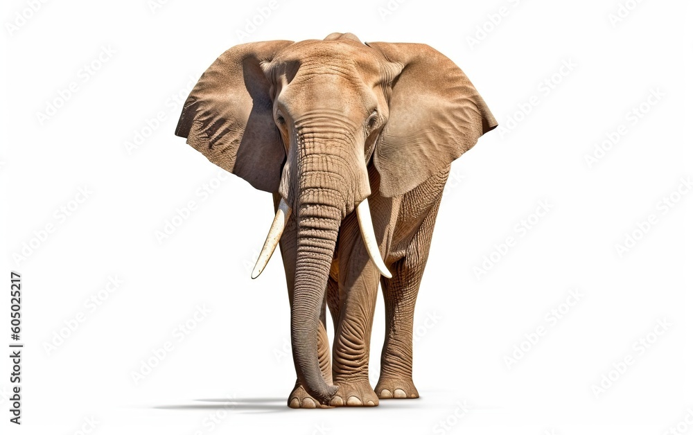 African Elephant full length walking front view on isolated white background generative ai