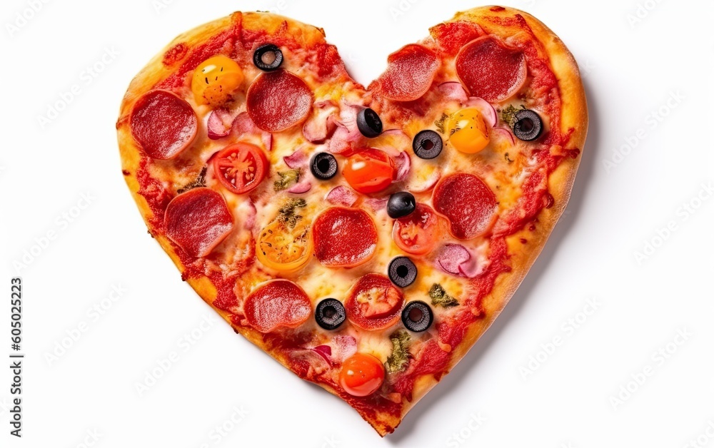 Heart shaped pizza isolated on white background top view angle generative ai Heart shaped pizza isolated on white background top view angle generative ai