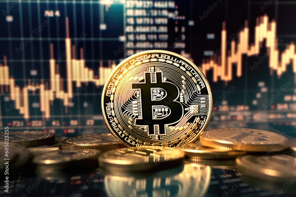 Gold bitcoins with graph chart background Generative AI Gold bitcoins with graph chart background Generative AI