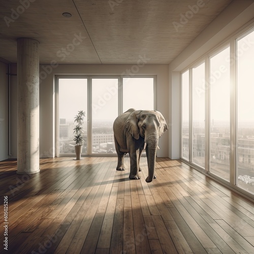 An elephant full length walking inside of empty room on parquet background generative ai